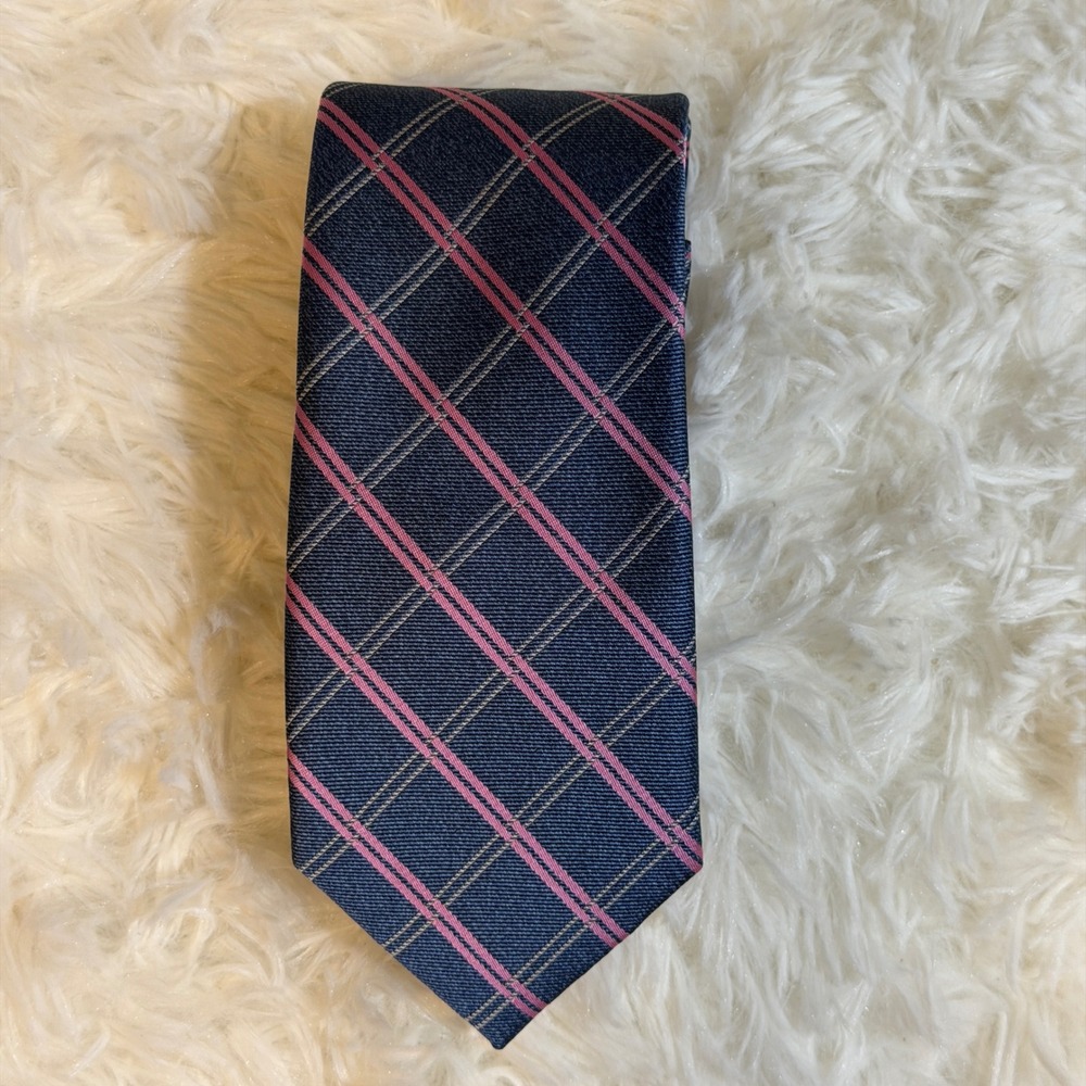 Nautica Necktie Mens 58" Navy Pink Plaid Check Polyester Business Casual